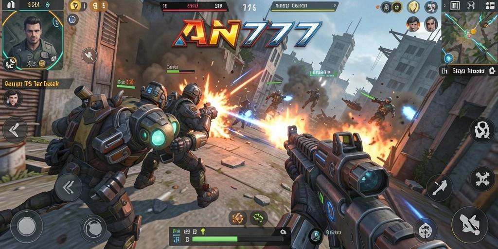 Screenshot gameplay AN777 menampilkan pertempuran intens dalam TPS.