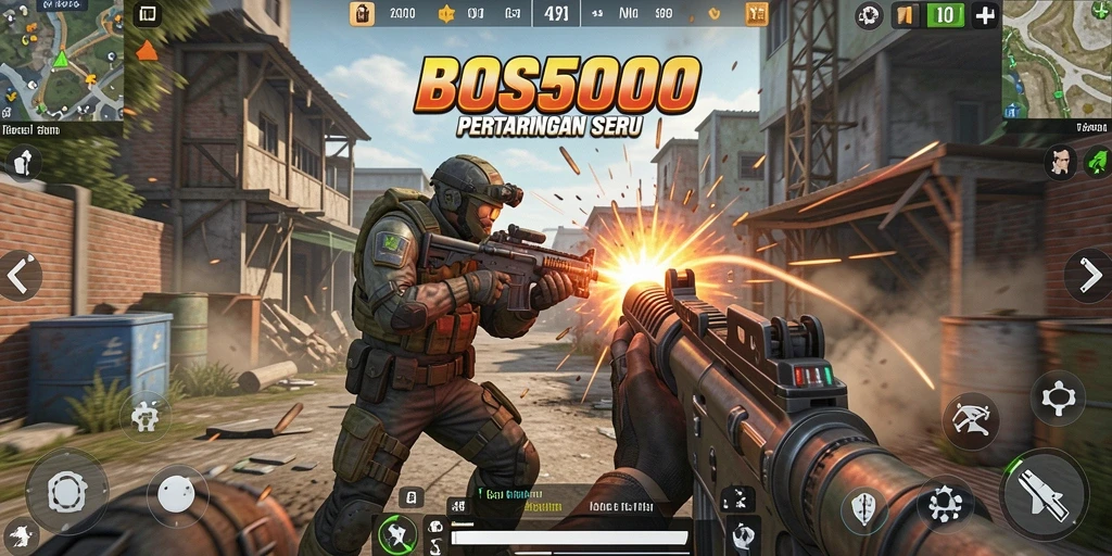 Tangkapan layar gameplay seru dalam BOS5000 dengan aksi tembak-menembak.