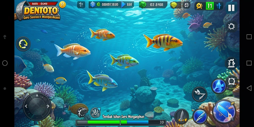 Screenshot gameplay DENTOTO dengan aksi menembak ikan.