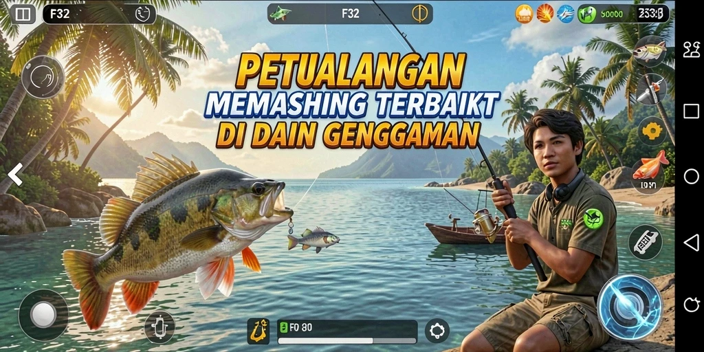 Tampilan gameplay F32 yang menakjubkan dengan pemandangan alam yang indah.