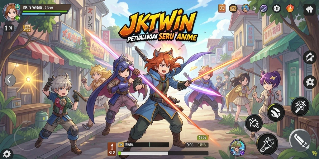Tampilan aksi seru karakter dalam JKTWIN selama gameplay.