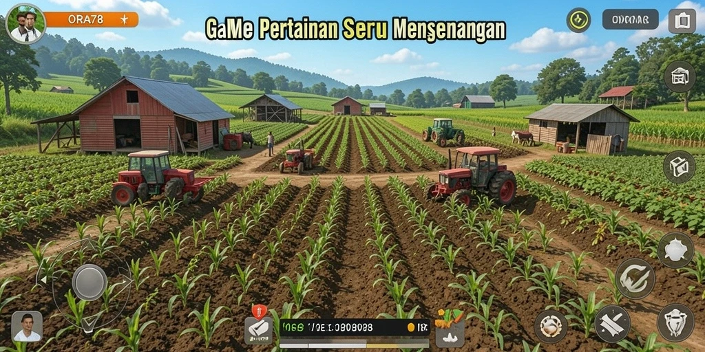 Tampilan gameplay ORA78 dengan ladang yang subur dan hewan yang menggemaskan.