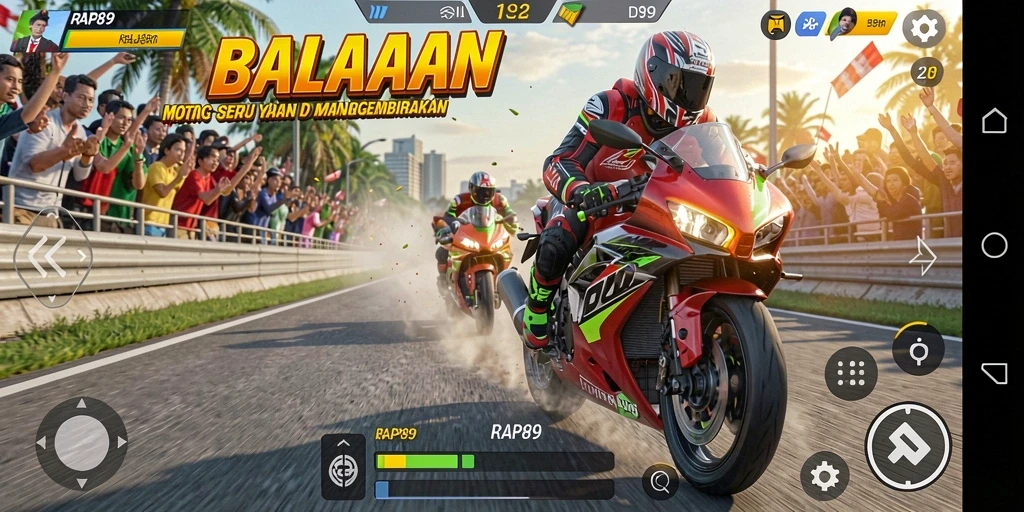 Screenshot utama RAP89 menampilkan aksi balapan motor yang mendebarkan.