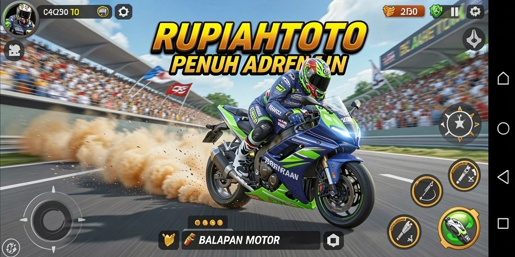 Screenshot gameplay RUPIAHTOTO menampilkan balapan motor yang seru dan menegangkan.
