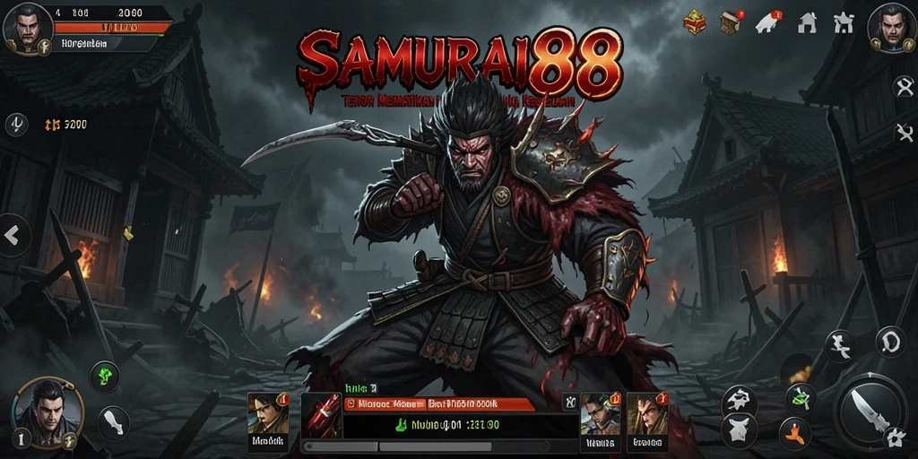 Screenshot gameplay <strong>SAMURAI88</strong> dengan suasana mencekam dan karakter samurai.