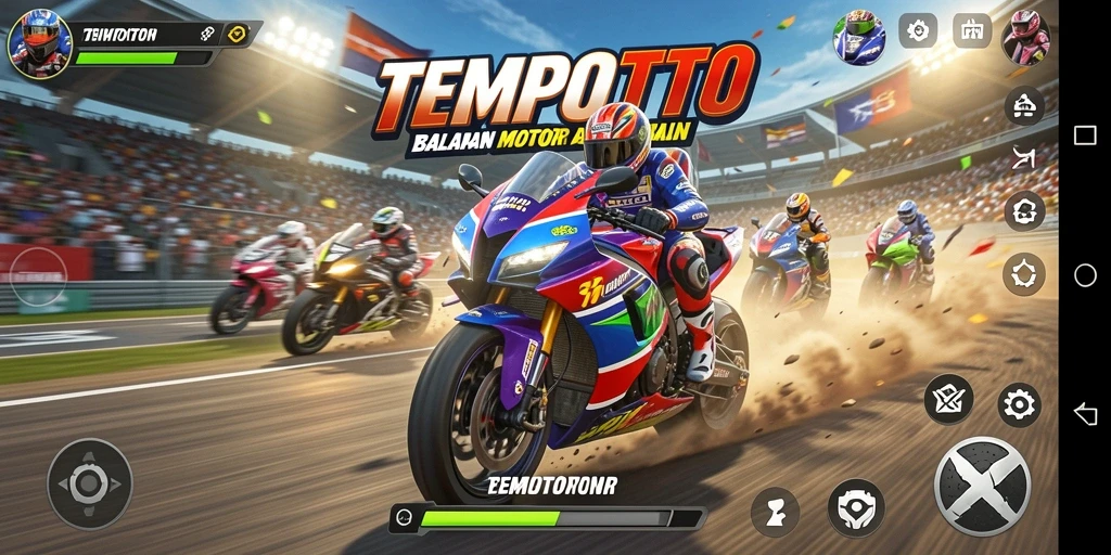 Tangkapan layar gameplay balapan motor yang intens dan mendebarkan.