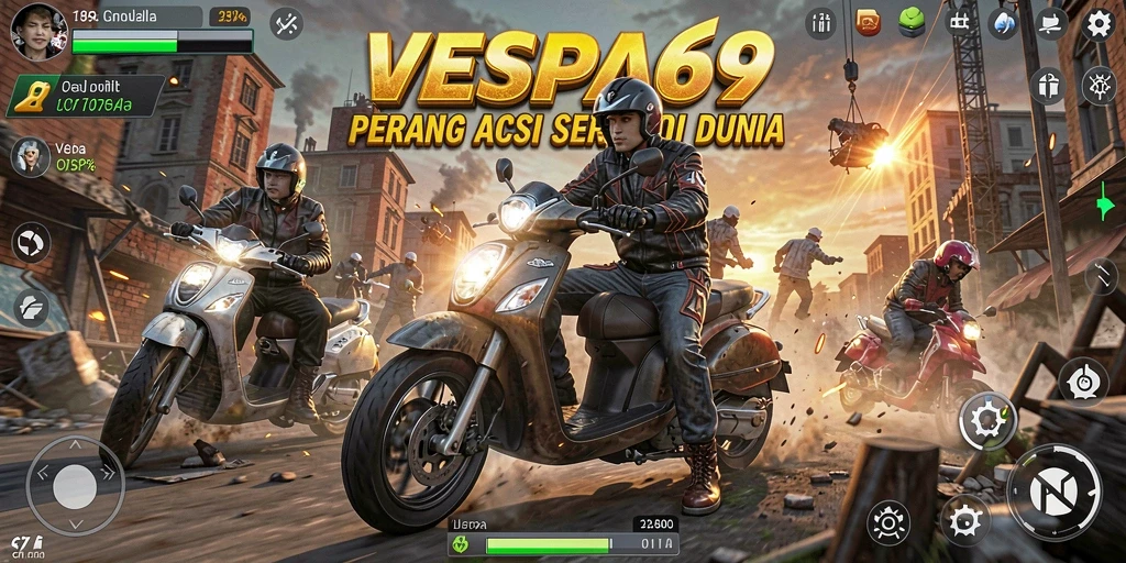 Screenshot menunjukkan aksi seru dalam balapan vespa.